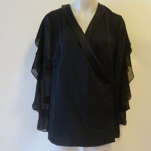 *NWT Womens Kimora Lee Black Ruffled Silk Combo Wrap Blouse Top 6